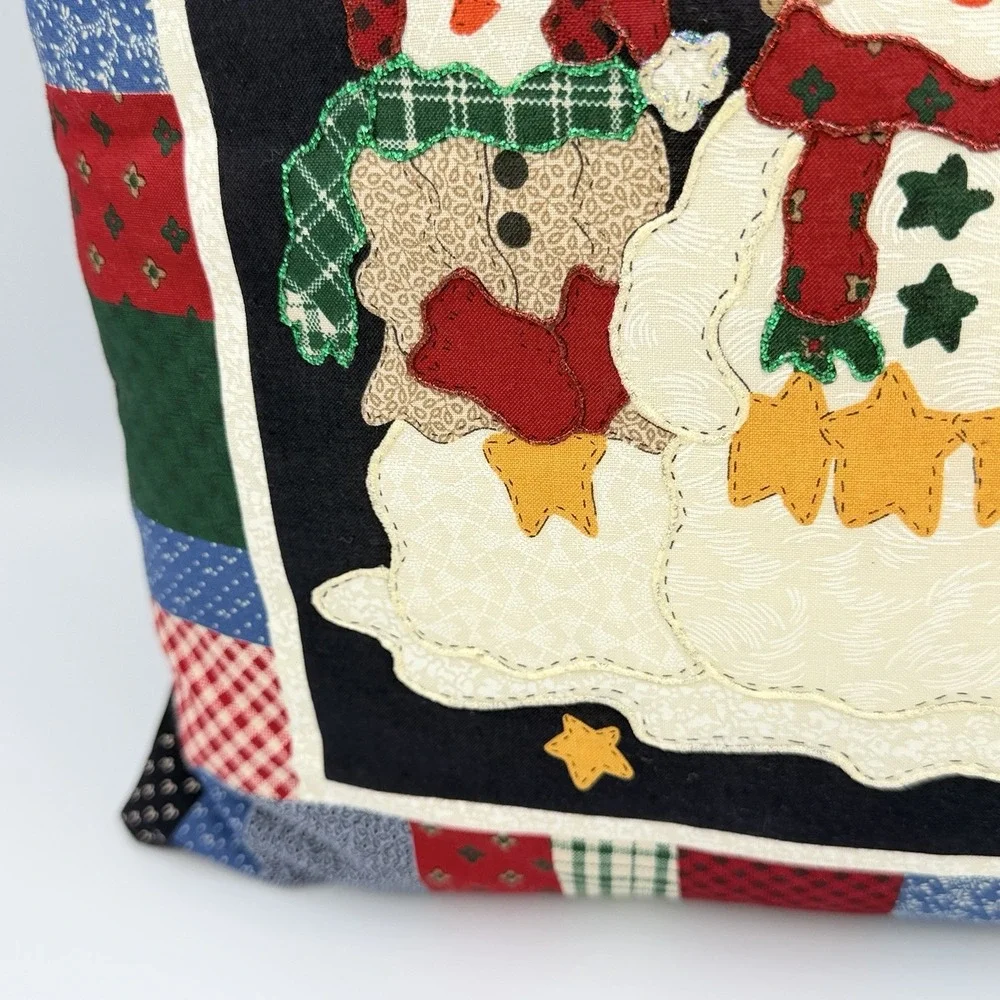 Vintage Snowman Family Christmas Throw Pillow 14x14 Patchwork Applique Folk Art